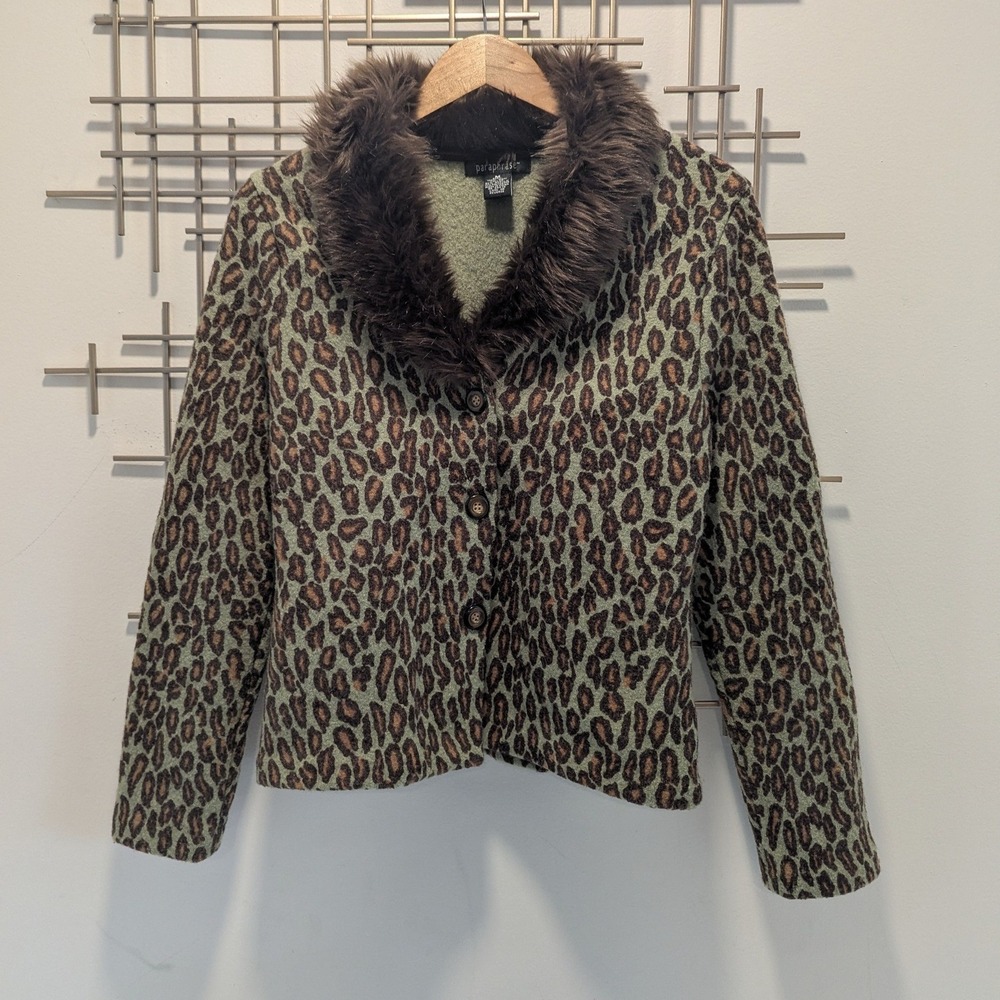 VTG Paraphrase Leopard Print Blazer Jacket Faux Fur Collar Women M‎ Wool Mobwife